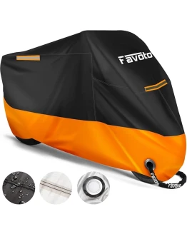 Favoto Funda para Moto Cubierta de Moto 210D Impermeable Protectora con Banda Reflectante a Prueba de Sol Lluvia Polvo Viento Nieve Excremento de Pájaro al Aire Libre, 220x105x125cm Negro+Naranja Foto de portada de Favoto Funda para Moto Cubierta de Moto 210D Impermeable Protectora con Banda Reflectante a Prueba de Sol Lluvia Polvo Viento Nieve Excremento de Pájaro al Aire Libre, 220x105x125cm Negro+Naranja