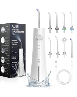 Foto de portada de AUIEI Irrigador Dental, Irrigador Bucal Portatil Inalámbrico Profesional 8 Boquillas 5 Modos, USB Recargable Para Limpieza de Dientes, IPX7 Impermeable 300ML, Para Hogar y Viajes (Blanco)