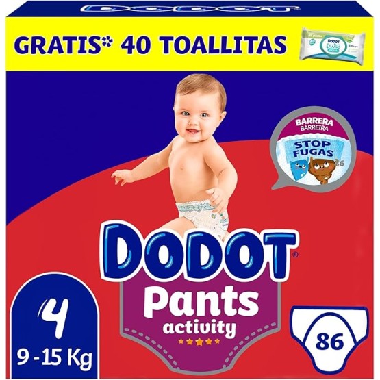 Foto de portada de Dodot Activity Pants Pañal-Braguita Talla 4, 86 Pañales, 9kg - 15kg + 1 Pack de 40 Toallitas Gratis Cuiado Total, Pack Mensual