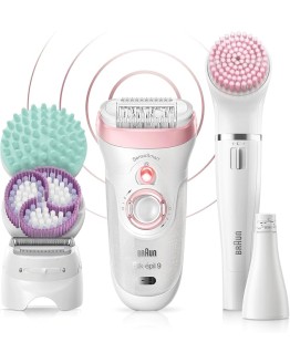 Foto de portada de Braun Silk-épil 9 Kit Depiladora Eléctrica Mujer, 9-995 Deluxe 9 en 1, Depilación inalámbrica en seco y húmedo, Depiladora, afeitadora, exfoliante, kit de limpieza facial y corporal, blanco/rosa