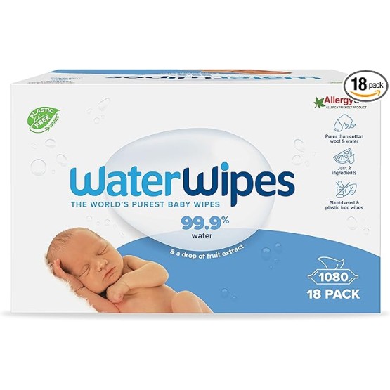 Foto de portada de WaterWipes Toallitas húmedas Originales para Bebés, Sin Plástico, 1080 unidades (Paquete de 18), 99,9% Base de Agua, y Sin Perfume para Pieles Sensibles