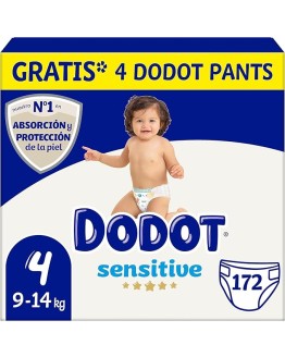 Foto de portada de Dodot Pañales Bebé Sensitive Talla 4 (9-14kg), 172 Pañales + 4 Pants Gratis, Óptima Protección de la Piel de Dodot, Pack Mensual