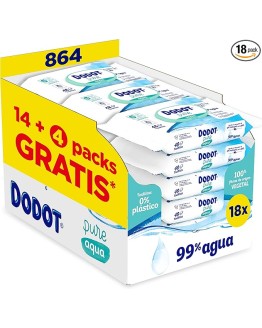 Foto de portada de Dodot Toallitas Pure Aqua para Bebé, 99% Agua, 100% Fibras de Origen Vegetal, 864 Toallitas, 18 Paquetes (18 X 48)