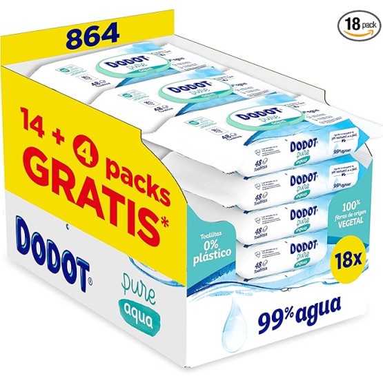 Foto de portada de Dodot Toallitas Pure Aqua para Bebé, 99% Agua, 100% Fibras de Origen Vegetal, 864 Toallitas, 18 Paquetes (18 X 48)