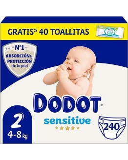 Foto de portada de Dodot Bebé Sensitive Pañales, Talla 2, 4-8 kg, 240 Pañales y 1 Pack de 48 Toallitas Regalo Cuidado Total Aqua, Óptima Protección de la Piel de Dodot, Pack Mensual