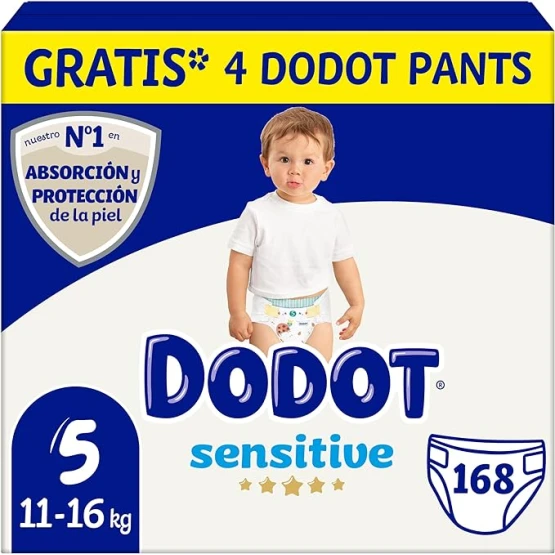 Foto de portada de Dodot Bebé Sensitive Pañales, Talla 5, 11-16 kg, 168 Pañales y 4 Pants Regalo, Óptima Protección de la Piel de Dodot, Pack Mensual