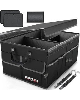 FORTEM Organizador de Maletero Coche y SUV – Organizador de Coche para Almacenamiento – Caja Plegable con 2 Compartimentos Estándar – Base Antideslizante – Cinchas Ajustables – Tapa Extraíble (Negro) Foto de portada de FORTEM Organizador de Maletero Coche y SUV - Organizador de Coche para Almacenamiento - Caja Plegable con 2 Compartimentos Estándar - Base Antideslizante - Cinchas Ajustables - Tapa Extraíble (Negro)