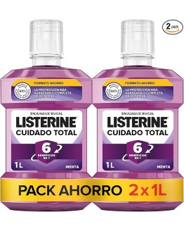 Foto de portada de Listerine Cuidado Total (pack de 2 x 1 L), enjuague bucal con flúor, colutorio bucal con 6 beneficios en 1, elixir bucal para una limpieza bucal completa