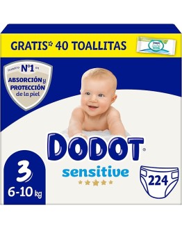 Foto de portada de Dodot Bebé Sensitive Pañales, Talla 3, 6-10 kg, 224 Pañales y 1 Pack de 48 Toallitas Regalo, Cuidado Total Aqua, Óptima Protección de la Piel de Dodot, Pack Mensual