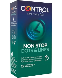 Control Preservativos Non Stop Dots & Lines – Caja de condones, Con puntos y estrías para la estimulación, efecto retardante, perfecta adaptabilidad, 12 unidades Foto de portada de Control Preservativos Non Stop Dots & Lines - Caja de condones, Con puntos y estrías para la estimulación, efecto retardante, perfecta adaptabilidad, 12 unidades