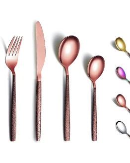 Berglander Juego de cubiertos de 24 piezas con mango de superficie lunar y cabeza de oro rosa brillante enchapado en titanio acero inoxidable cobre juego de cuberteria utensilios servicio para 6 Foto de portada de Berglander Juego de cubiertos de 24 piezas con mango de superficie lunar y cabeza de oro rosa brillante enchapado en titanio acero inoxidable cobre juego de cuberteria utensilios servicio para 6