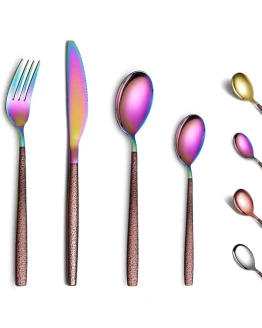 Berglander Juego de cubiertos de 24 piezas con mango de superficie lunar y cabeza de arco iris brillante chapado en titanio acero inoxidable juego de cuberteria, utensilios, servicio para 6 Foto de portada de Berglander Juego de cubiertos de 24 piezas con mango de superficie lunar y cabeza de arco iris brillante chapado en titanio acero inoxidable juego de cuberteria, utensilios, servicio para 6