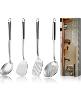 Pleafind utensilios de cocina, 4P set utensilios de cocina, set cocina acero inoxidable, utensilios de cocina y espumadera, espatula cocina, cucharones de cocina y volteador ranurado Foto de portada de Pleafind utensilios de cocina, 4P set utensilios de cocina, set cocina acero inoxidable, utensilios de cocina y espumadera, espatula cocina, cucharones de cocina y volteador ranurado