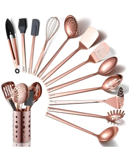 Juego de Utensilios de Cocina de Cobre, Juego de Utensilios de Cocina de Acero Inoxidable de 13 Piezas con Chapado En Oro Rosa De Titanio, Juego de Utensilios de Cocina Con Soporte Para Utensilios Foto de portada de Juego de Utensilios de Cocina de Cobre, Juego de Utensilios de Cocina de Acero Inoxidable de 13 Piezas con Chapado En Oro Rosa De Titanio, Juego de Utensilios de Cocina Con Soporte Para Utensilios