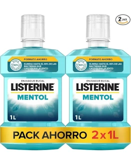 Listerine Mentol (pack de 2 x 1 L), enjuague bucal con flúor, colutorio bucal con 24 horas de protección, elixir bucal mentolado para un aliento fresco duradero Foto de portada de Listerine Mentol (pack de 2 x 1 L), enjuague bucal con flúor, colutorio bucal con 24 horas de protección, elixir bucal mentolado para un aliento fresco duradero