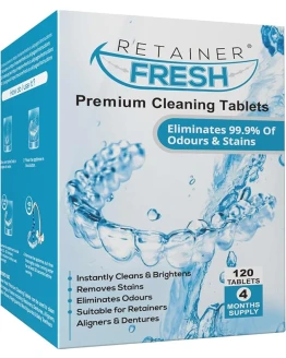 Tabletas limpiadoras de retenedores – 120 tabletas Retainer Fresh Mantiene los retenedores, alineadores y protectores bucales limpios, frescos y sin manchas Foto de portada de Tabletas limpiadoras de retenedores - 120 tabletas Retainer Fresh Mantiene los retenedores, alineadores y protectores bucales limpios, frescos y sin manchas