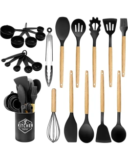 Utensilios de Cocina de Silicona 22 Piezas, set di utensili da cucina per pentole antiaderenti, al Calor y Antiadherentes con Mango de Madera para Utensilios sin BPA (Negro) Foto de portada de Utensilios de Cocina de Silicona 22 Piezas, set di utensili da cucina per pentole antiaderenti, al Calor y Antiadherentes con Mango de Madera para Utensilios sin BPA (Negro)