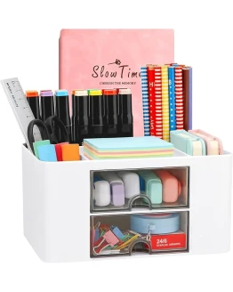 Wlevzzor Organizador de escritorio creativo y simple con 7 rejillas, organizador de mesa de plástico con cajón, portalápices multifuncional para la escuela, la oficina y el hogar (Blanco) Foto de portada de Wlevzzor Organizador de escritorio creativo y simple con 7 rejillas, organizador de mesa de plástico con cajón, portalápices multifuncional para la escuela, la oficina y el hogar (Blanco)