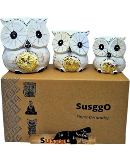 SusggO Set 3 Buhos Decorativos Madera – Buho Decoracion – Buhos Figuras – Buhos de la Suerte – Idea Adorno Mueble (Blanco Detalles Dorados) Foto de portada de SusggO Set 3 Buhos Decorativos Madera - Buho Decoracion - Buhos Figuras - Buhos de la Suerte - Idea Adorno Mueble (Blanco Detalles Dorados)