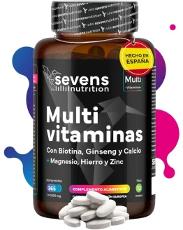 Vitaminas para el Cansancio – Multivitaminas Hombre y Mujer con Minerales y Ginseng – 365 Comprimidos – Complejo Multivitamínico Completo Con Biotina, Hierro, Magnesio y Zinc – Sevens Foto de portada de Vitaminas para el Cansancio - Multivitaminas Hombre y Mujer con Minerales y Ginseng - 365 Comprimidos - Complejo Multivitamínico Completo Con Biotina, Hierro, Magnesio y Zinc - Sevens