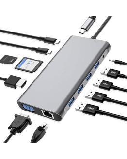 HUB USB C, 12 en 1 Adaptador USB C con 4K HDMI, VGA, 3*USB 2.0, USB3.0, USB C Data, PD3.0, Puerto Ethernet RJ45, SD/TF, Aux de 3.5 mm, Compatible para MacBook Pro/Aire, Más Dispositivos Tipo C Foto de portada de HUB USB C, 12 en 1 Adaptador USB C con 4K HDMI, VGA, 3*USB 2.0, USB3.0, USB C Data, PD3.0, Puerto Ethernet RJ45, SD/TF, Aux de 3.5 mm, Compatible para MacBook Pro/Aire, Más Dispositivos Tipo C