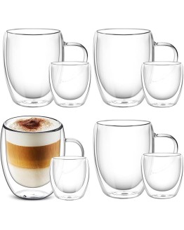 8 tazas de café y tazas de vidrio de pared doble, 4x350ml+4x80ml, tazas de capuchino con Latte Macchiato, resistente al calor, apto para lavavajillas, para bebidas calientes té helado de jugo de leche Foto de portada de 8 tazas de café y tazas de vidrio de pared doble, 4x350ml+4x80ml, tazas de capuchino con Latte Macchiato, resistente al calor, apto para lavavajillas, para bebidas calientes té helado de jugo de leche