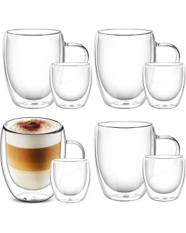 8 tazas de café y tazas de vidrio de pared doble, 4x350ml+4x80ml, tazas de capuchino con Latte Macchiato, resistente al calor, apto para lavavajillas, para bebidas calientes té helado de jugo de leche Foto de portada de 8 tazas de café y tazas de vidrio de pared doble, 4x350ml+4x80ml, tazas de capuchino con Latte Macchiato, resistente al calor, apto para lavavajillas, para bebidas calientes té helado de jugo de leche
