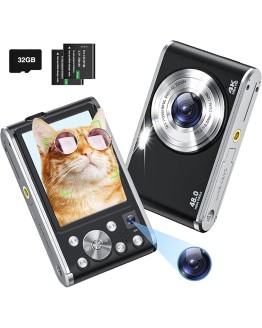 Cámara Digital HD 4K 48MP, Cámara de Fotos con Tarjeta SD de 32 GB, Cámara Dual Delantera y Trasera, Recargable Camara Digital con Zoom 16X y 2 Baterías, para Principiantes (Negro) Foto de portada de Cámara Digital HD 4K 48MP, Cámara de Fotos con Tarjeta SD de 32 GB, Cámara Dual Delantera y Trasera, Recargable Camara Digital con Zoom 16X y 2 Baterías, para Principiantes (Negro)