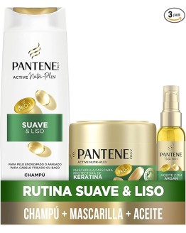 Pantene Pro-V Suave Y Liso Champú 325ml, Mascarilla 300ml, Aceite 100ml Para Pelo Encrespado Y Apagado. Limpieza Suave. Protege Enlaces Capilares Foto de portada de Pantene Pro-V Suave Y Liso Champú 325ml, Mascarilla 300ml, Aceite 100ml Para Pelo Encrespado Y Apagado. Limpieza Suave. Protege Enlaces Capilares