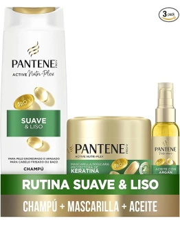 Pantene Pro-V Suave Y Liso Champú 325ml, Mascarilla 300ml, Aceite 100ml Para Pelo Encrespado Y Apagado. Limpieza Suave. Protege Enlaces Capilares Foto de portada de Pantene Pro-V Suave Y Liso Champú 325ml, Mascarilla 300ml, Aceite 100ml Para Pelo Encrespado Y Apagado. Limpieza Suave. Protege Enlaces Capilares