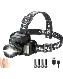 PEAKRO Linterna Frontal LED Recargable, Alta Potencia 50000 Lumen 6 Modos, Sensor y Luz Roja Azul, Frontal LED Recargable USB, Linterna Cabeza Ajustable IP65 Impermeable para Campeggio Senderismo Foto de portada de PEAKRO Linterna Frontal LED Recargable, Alta Potencia 50000 Lumen 6 Modos, Sensor y Luz Roja Azul, Frontal LED Recargable USB, Linterna Cabeza Ajustable IP65 Impermeable para Campeggio Senderismo