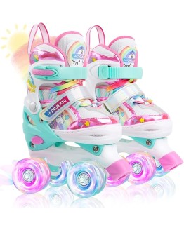 Patines Unicornio para Niños Patines Roller Quad Ajustables con Ruedas Luminosas para Niñas y Niños Principiantes Foto de portada de Patines Unicornio para Niños Patines Roller Quad Ajustables con Ruedas Luminosas para Niñas y Niños Principiantes