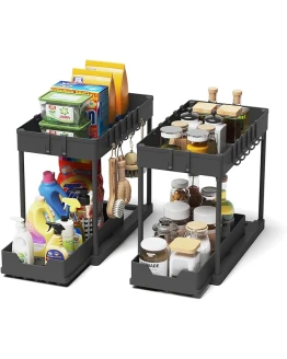 Meltrck 2 Paquete Organizador Cocina 2 Niveles para Debajo del Fregadero – Organizador Extraíble Estante Almacenamiento Debajo Fregadero con 16 Ganchos,Negro Foto de portada de Meltrck 2 Paquete Organizador Cocina 2 Niveles para Debajo del Fregadero - Organizador Extraíble Estante Almacenamiento Debajo Fregadero con 16 Ganchos,Negro