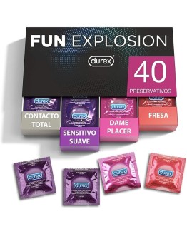 Durex Preservativos Mixtos Fun Explosion Sabor Fresa, Dame Placer, Sensitivo Suave y Contacto Total, 40 Condones, 52 y 56 mm Foto de portada de Durex Preservativos Mixtos Fun Explosion Sabor Fresa, Dame Placer, Sensitivo Suave y Contacto Total, 40 Condones, 52 y 56 mm