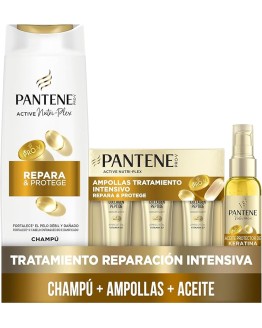 Pantene Pro-V Repara Y Protege Champú 325ml, Ampollas 3X15ML, Aceite Protector Keratina 100ml, Para Pelo Seco Y Dañado. Limpieza Suave. Protege Enlaces Capilares. Sin Siliconas. Active Nutri-Plex Foto de portada de Pantene Pro-V Repara Y Protege Champú 325ml, Ampollas 3X15ML, Aceite Protector Keratina 100ml, Para Pelo Seco Y Dañado. Limpieza Suave. Protege Enlaces Capilares. Sin Siliconas. Active Nutri-Plex