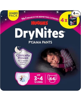Huggies DryNites Pañales para niña 3-5 (16-23 kg), Clínicamente probado con 5 capas de máxima protección nocturna, 4 packs de 16, Total 64 pañales desechables de noche Foto de portada de Huggies DryNites Pañales para niña 3-5 (16-23 kg), Clínicamente probado con 5 capas de máxima protección nocturna, 4 packs de 16, Total 64 pañales desechables de noche