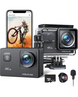 WOLFANG Cámara Deportiva 4K 30FPS GA100 con 32GB MicroSD 20MP Cámara Subacuática Impermeable 40M, Videocámara WiFi con Micrófono Dual, 170° Gran Angular, EIS, Varios Cámara Deportiva Accesorios Foto de portada de WOLFANG Cámara Deportiva 4K 30FPS GA100 con 32GB MicroSD 20MP Cámara Subacuática Impermeable 40M, Videocámara WiFi con Micrófono Dual, 170° Gran Angular, EIS, Varios Cámara Deportiva Accesorios